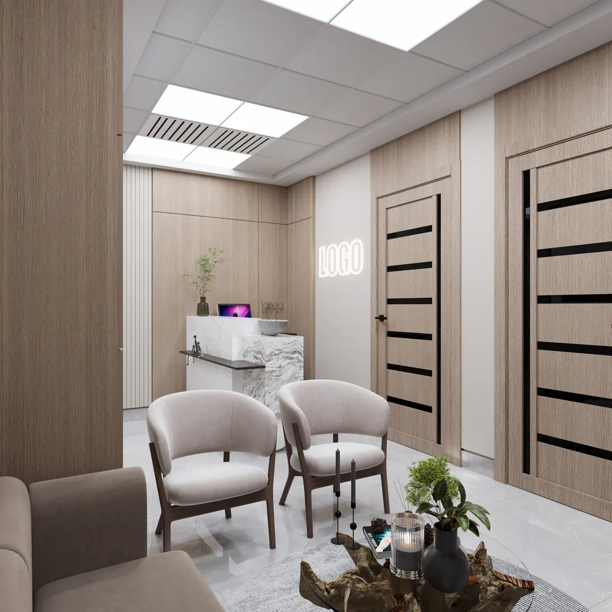 The same reception render with a small potted plant added on the counter