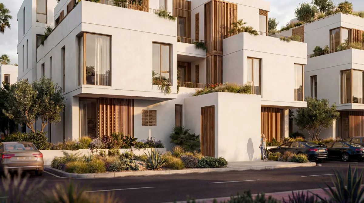 Render of white terraced villas with a timber door set into a low white wall