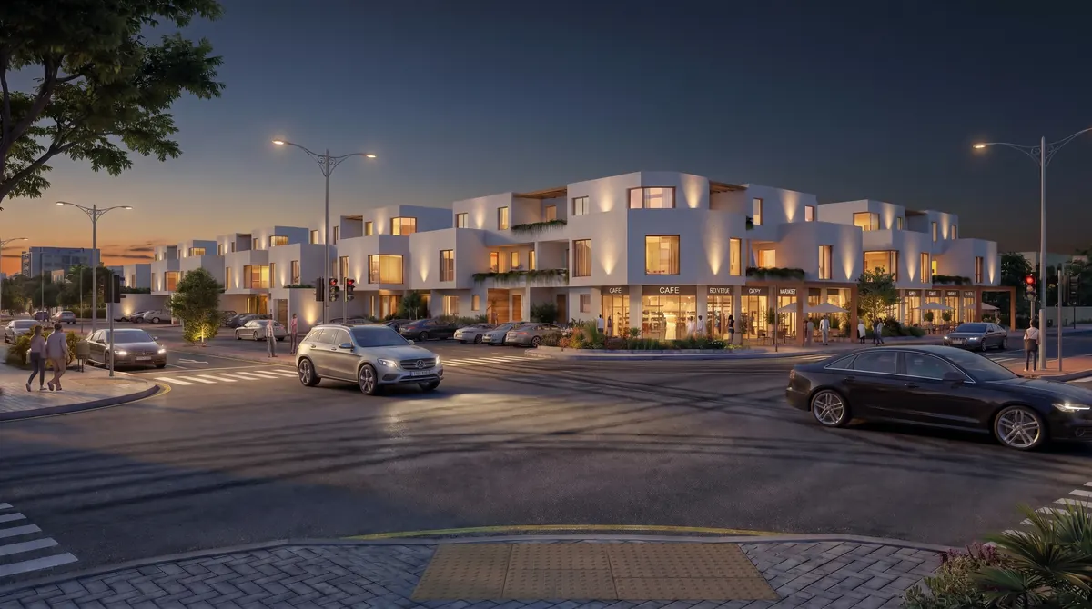 Evening render of a white residential development at a street corner with warm lit windows and street lights