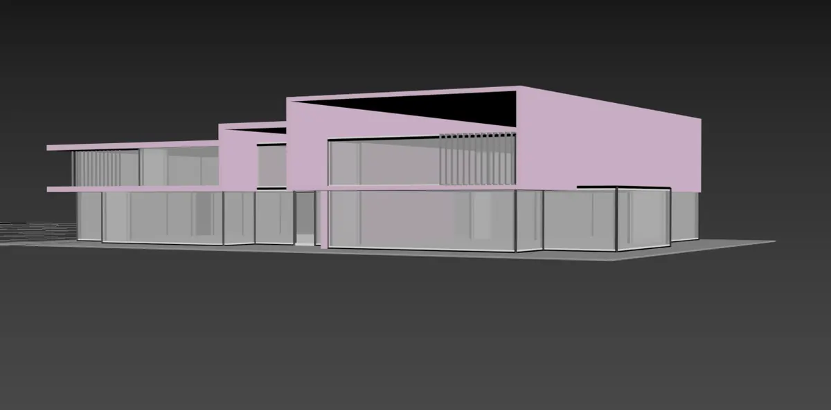 Untextured 3D massing model of a two-storey commercial building in pink and grey on a dark background