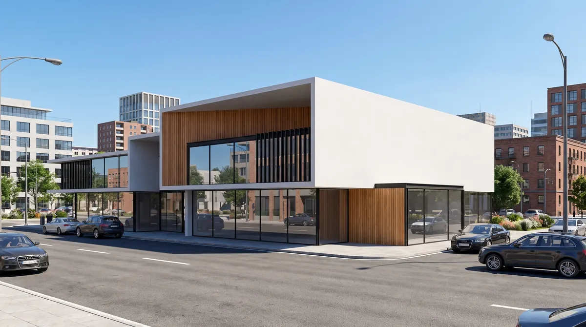 Photorealistic street render of the building with white render, timber cladding, full-height glazing, parked cars and a city backdrop