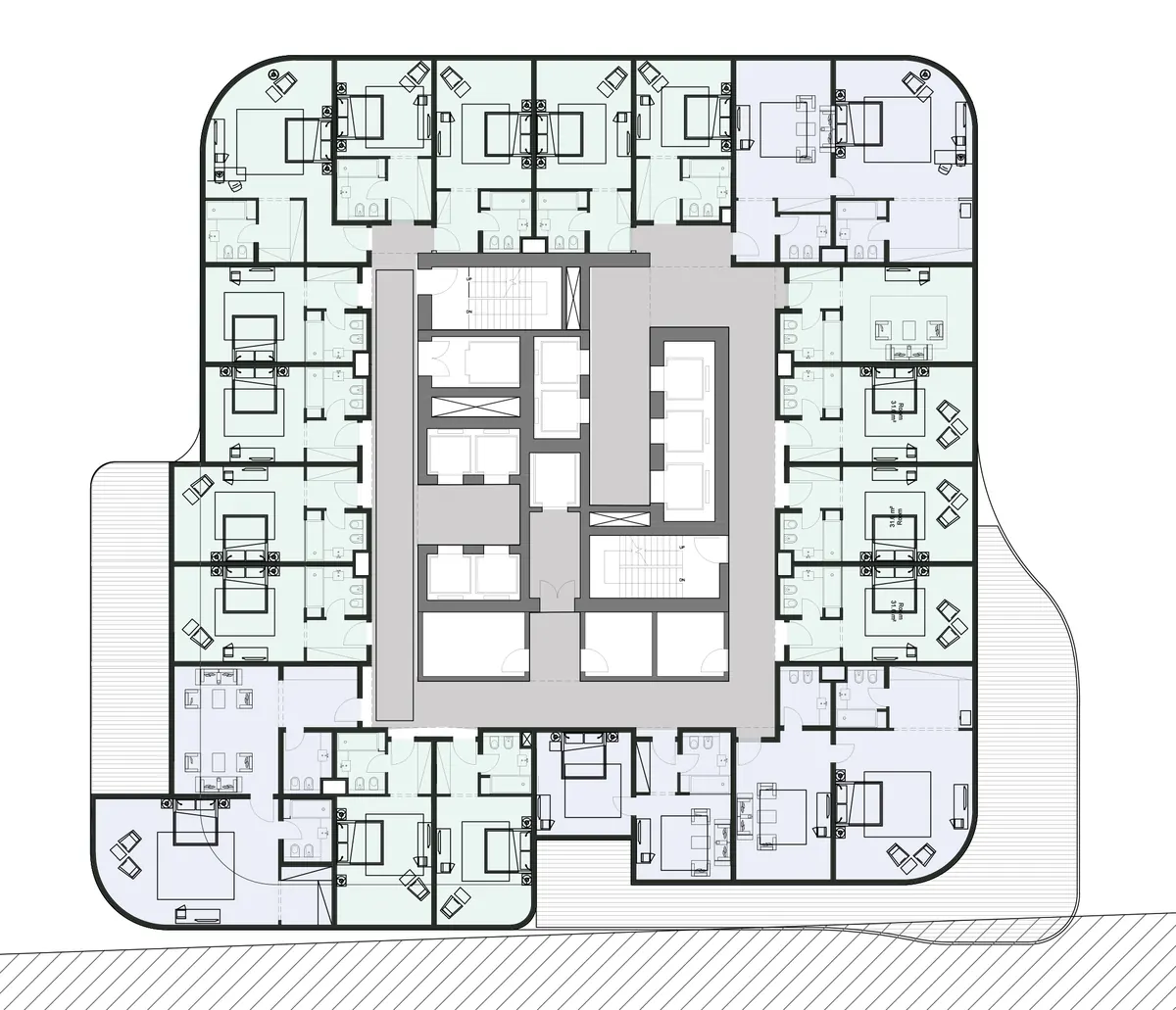 2D architectural floor plan of a building floor with apartments arranged around a central core