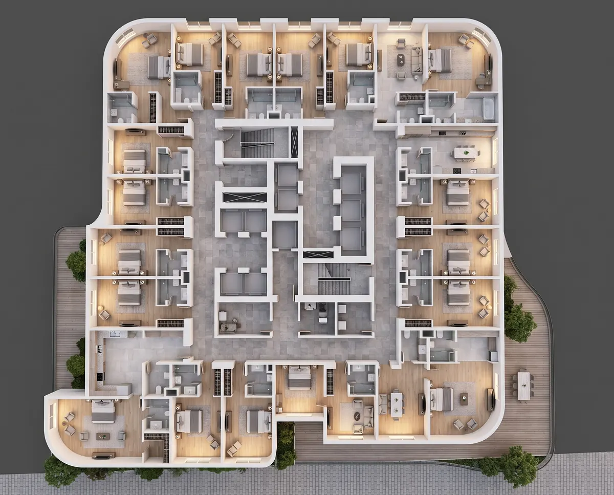 Furnished 3D top-down plan of the same floor showing rooms, furniture, flooring and surrounding planting
