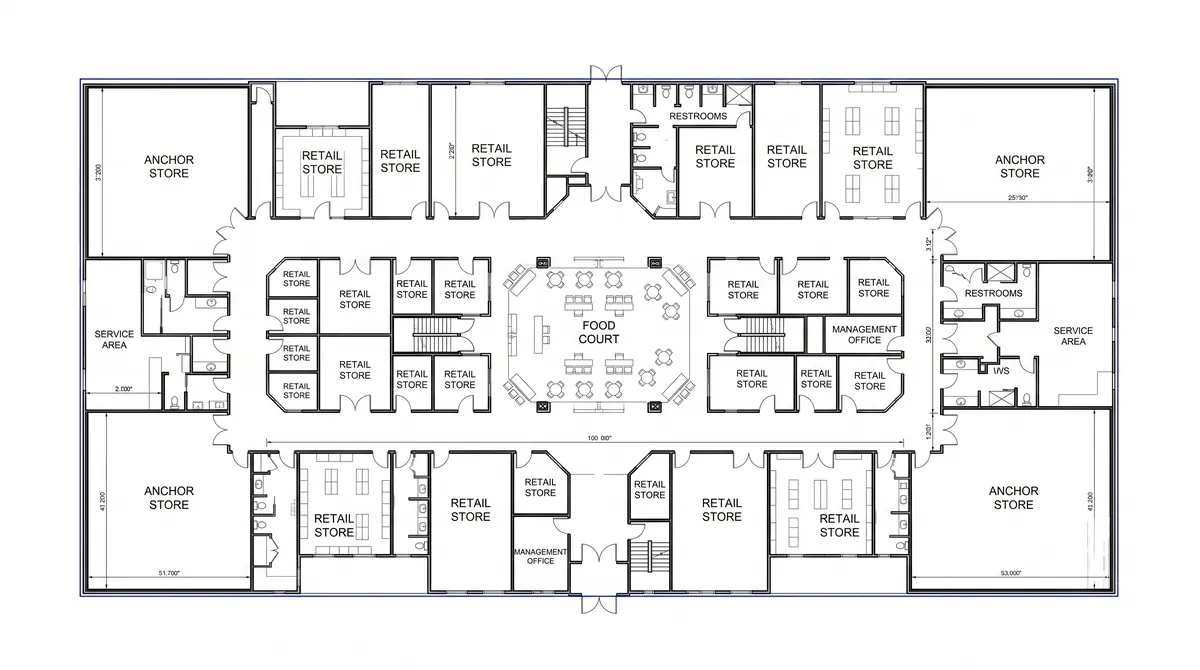 Labelled space plan of a shopping mall with anchor stores, retail stores, a central food court, restrooms and a management office