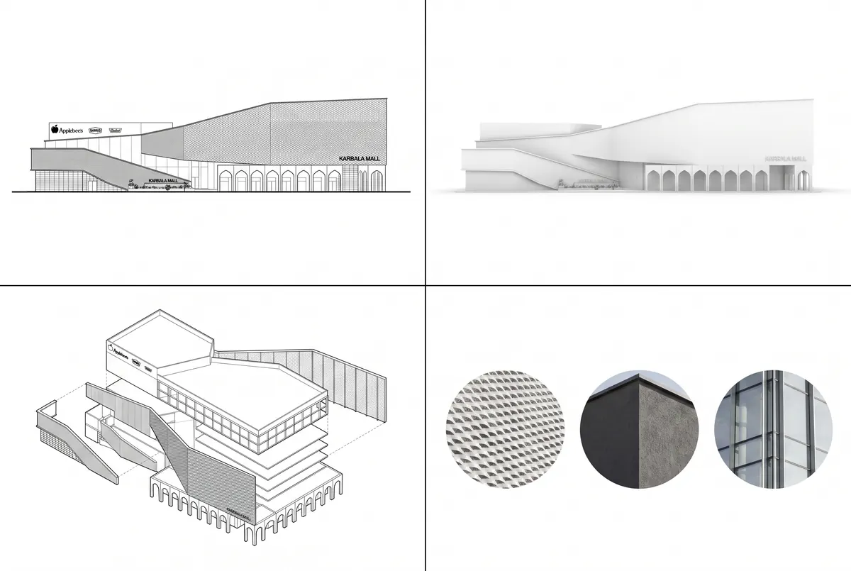 Architecture study sheet of the mall with two line elevations, an axonometric view and three circular material swatches