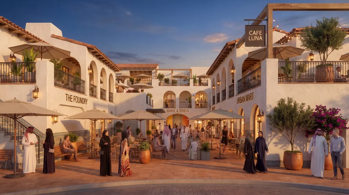 Courtyard café scene with whitewashed arches, terracotta tones, umbrellas and people at dusk