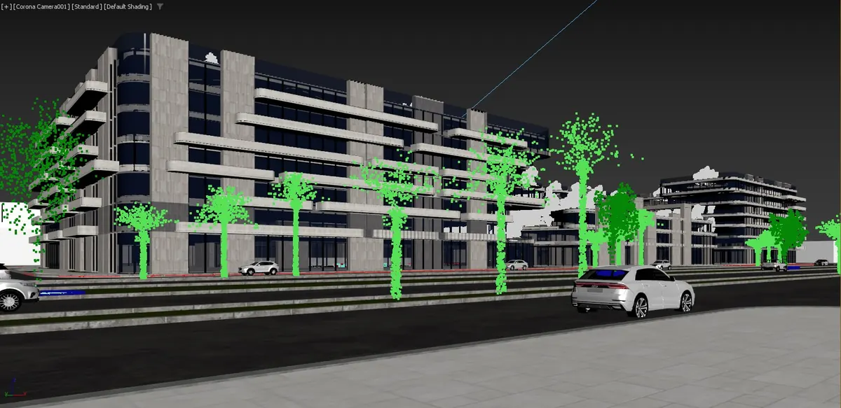 3D software viewport screenshot of a mid-rise residential building with green proxy trees on a grey road
