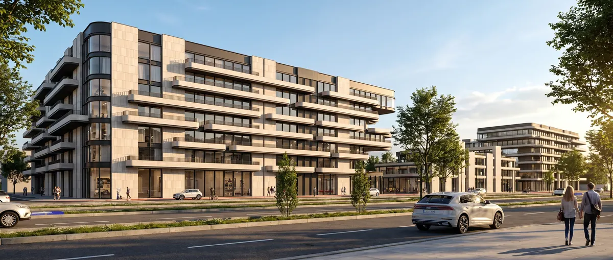 Daylight render of the same residential building with stone façade, balconies, trees, a car and pedestrians