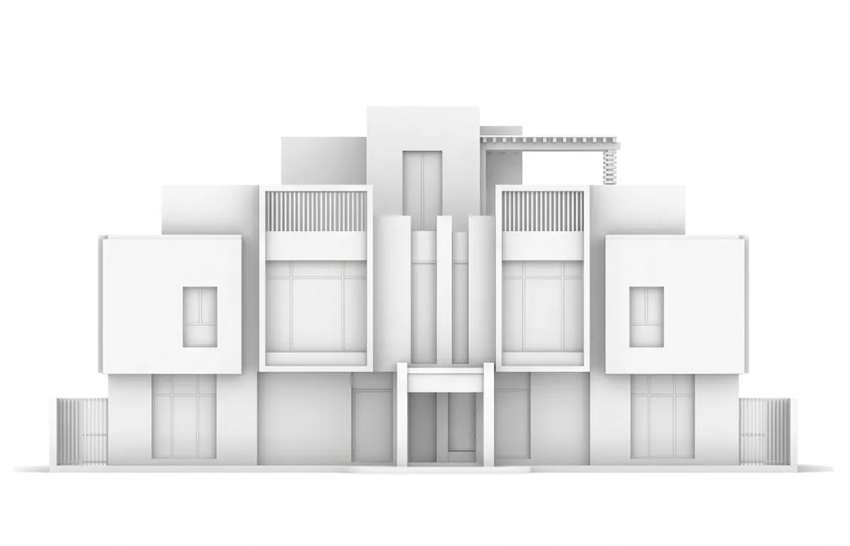 Untextured white 3D model of a villa façade on a white background