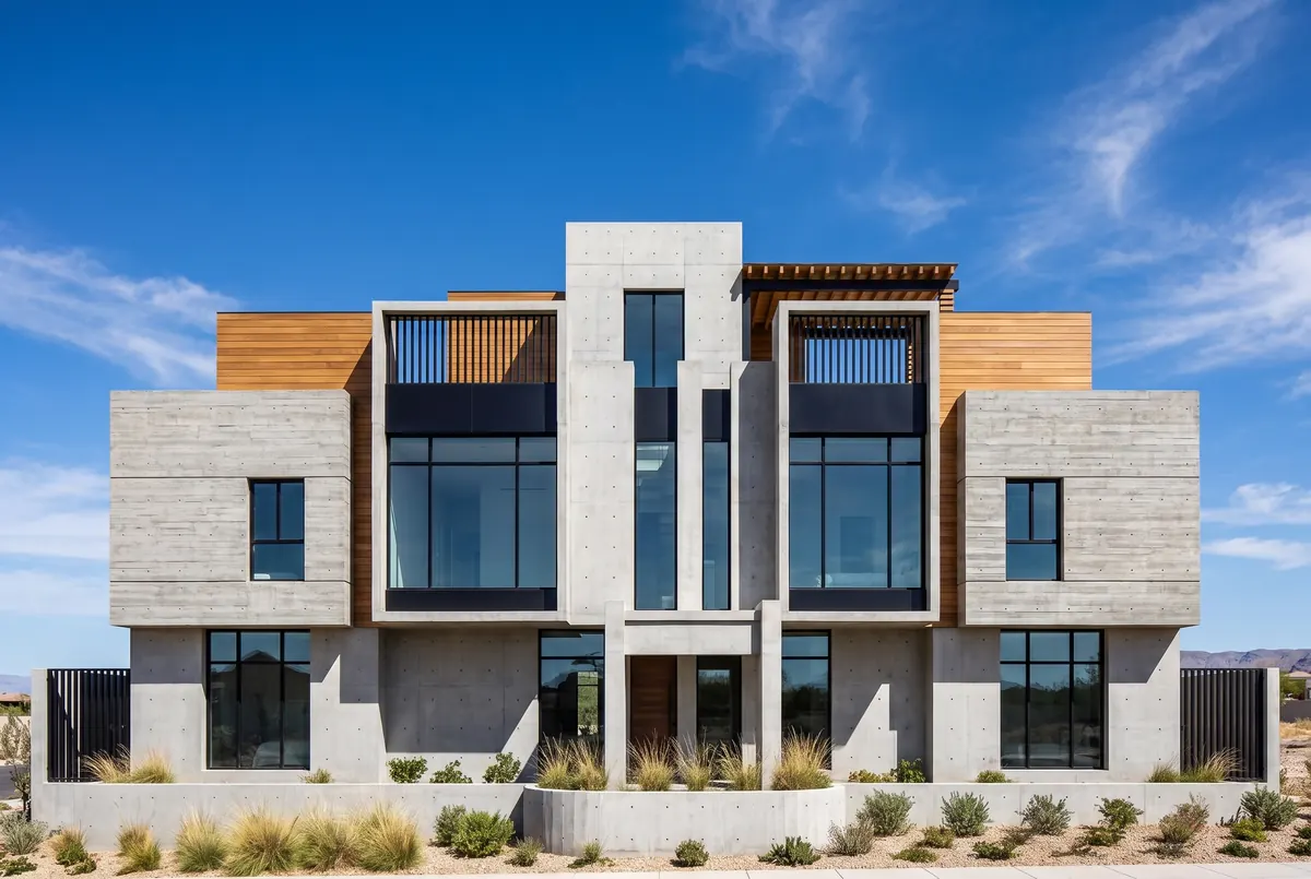 Render of the villa with grey concrete-look cladding, timber panels, large black-framed windows and desert planting